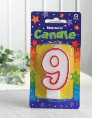 Geburtstagskerze / Zahlenkerze (weiß-rot), ca. 7,5 cm hoch, "9"